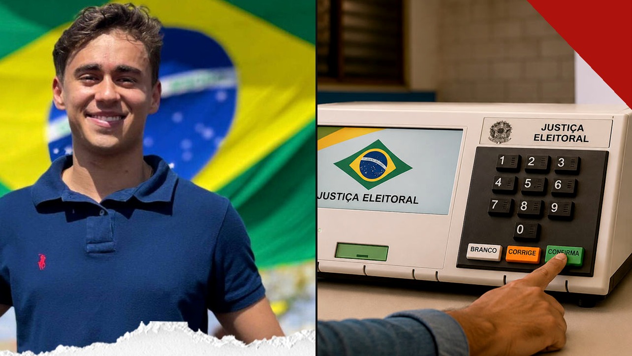 Nikolas Ferreira diante da bandeira do Brasil e urna eletrônica | Reprodução | Instagram @brasilparalelo | Internet