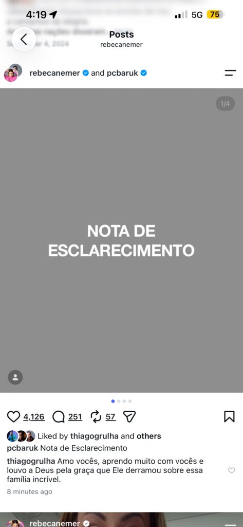 Slide de título da Nota de Esclarecimento publicada por Paulo César Baruk e Rebeca Nemer no Instagram