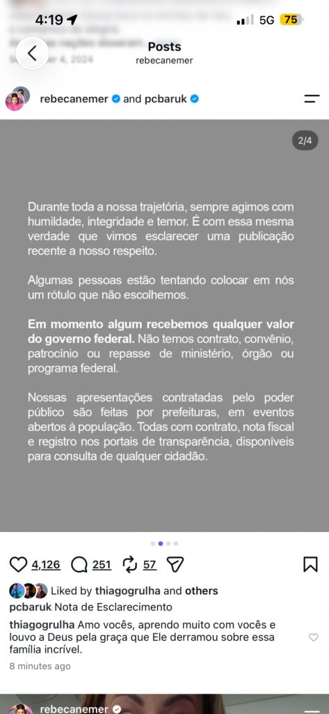 Slide da Nota de Esclarecimento em que o casal nega ter recebido qualquer valor do governo federal