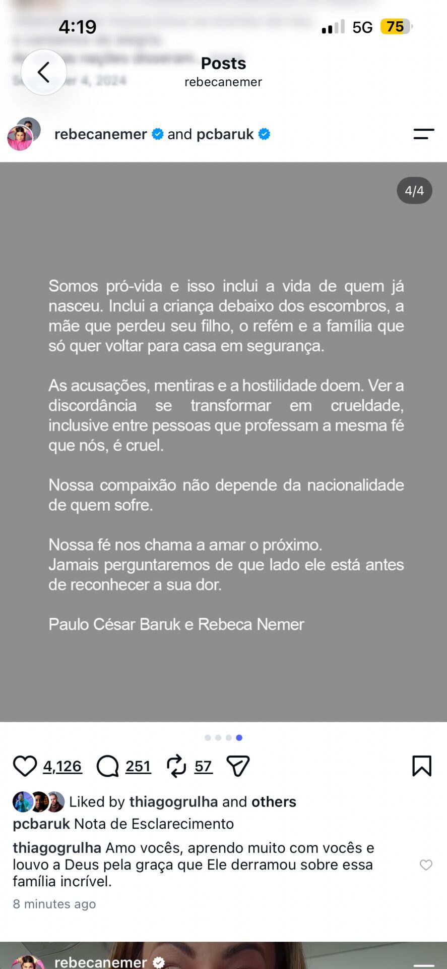 Slide da Nota de Esclarecimento com a mensagem pró-vida do casal