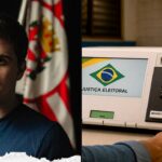 Lucas Pavanato diante da bandeira do Brasil e urna eletrônica | Reprodução | Instagram @brasilparalelo | Internet