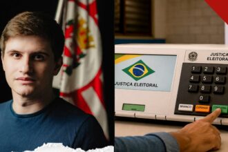Lucas Pavanato diante da bandeira do Brasil e urna eletrônica | Reprodução | Instagram @brasilparalelo | Internet