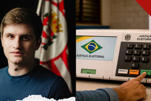 Lucas Pavanato diante da bandeira do Brasil e urna eletrônica | Reprodução | Instagram @brasilparalelo | Internet