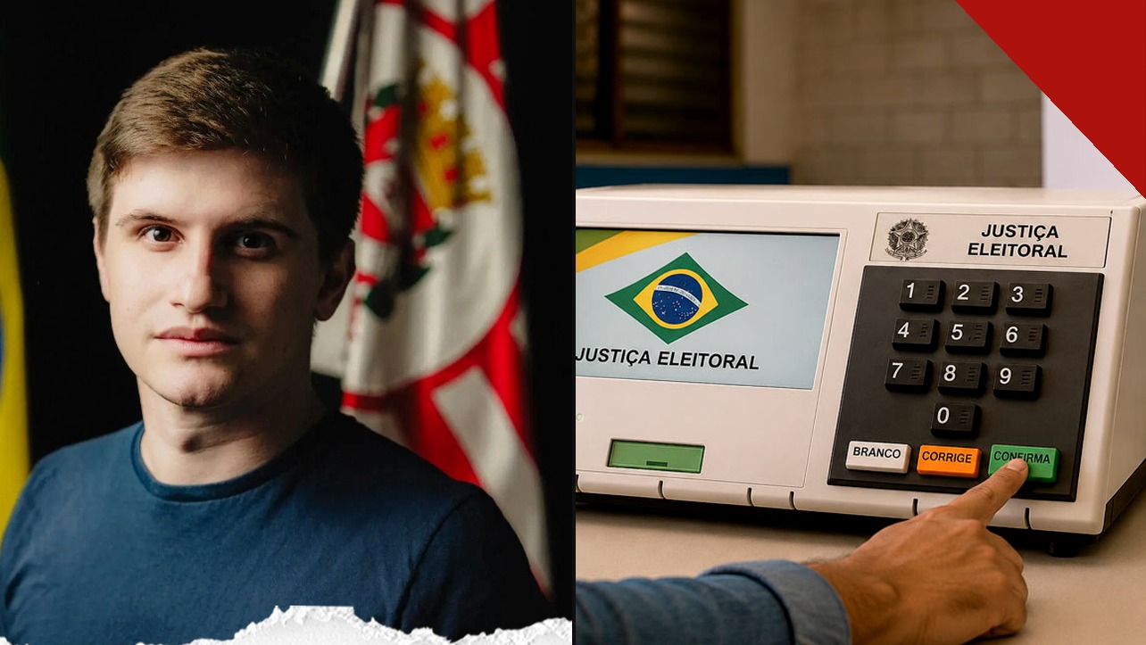 Lucas Pavanato diante da bandeira do Brasil e urna eletrônica | Reprodução | Instagram @brasilparalelo | Internet