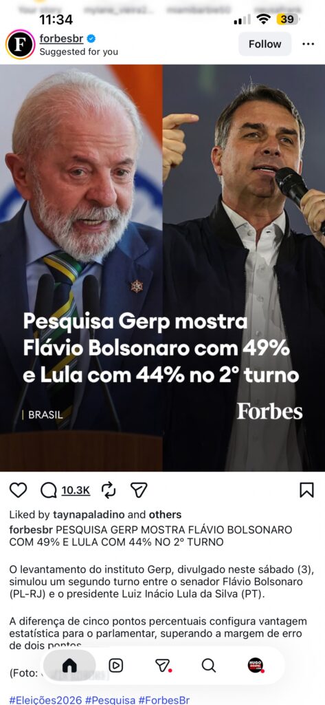 Forbes Brasil mostra pesquisa Gerp com Flávio 49% e Lula 44% no segundo turno