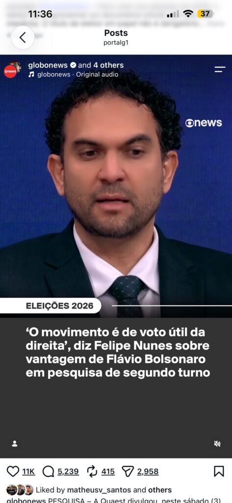 GloboNews repercute análise de Felipe Nunes sobre vantagem de Flávio Bolsonaro
