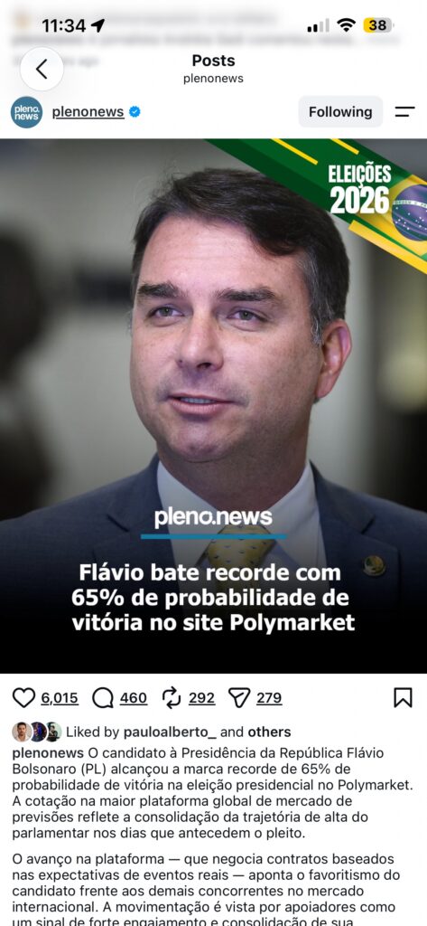 Pleno.News destaca recorde de Flávio Bolsonaro na Polymarket
