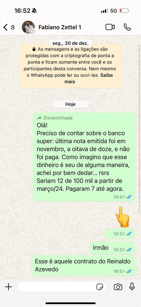 Print de conversa sobre o contrato de Reinaldo Azevedo Vorcaro com 12 parcelas de 100 mil reais