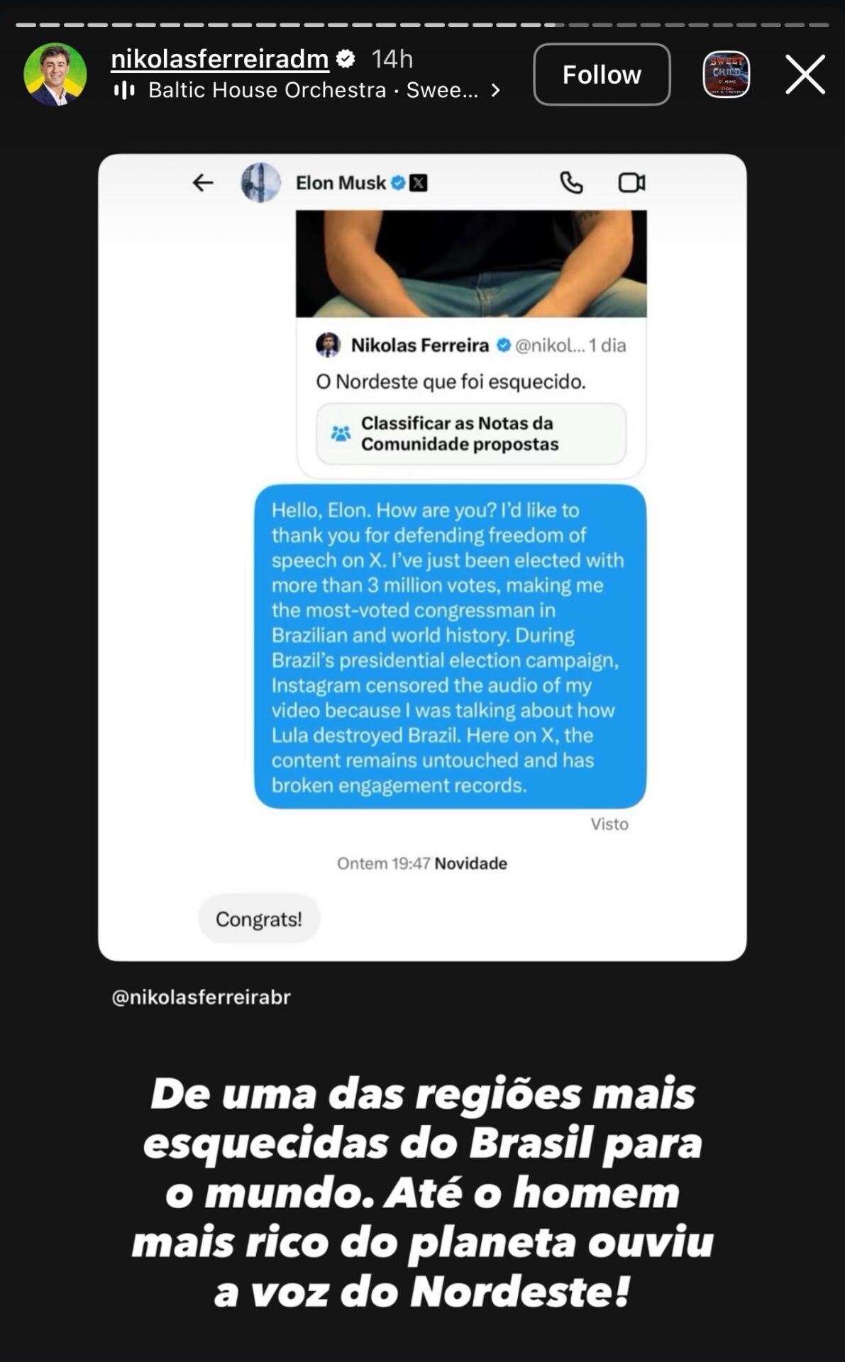 Print divulgado por Nikolas Ferreira nos stories com a conversa no X: a mensagem do deputado a Elon Musk, em inglês, e a resposta Congrats! do bilionário