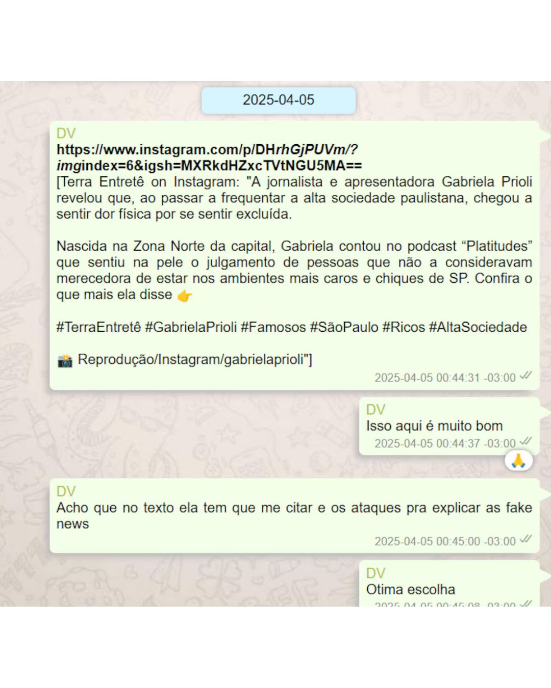Print de conversa atribuída a Daniel Vorcaro sobre Gabriela Prioli e o Banco Master