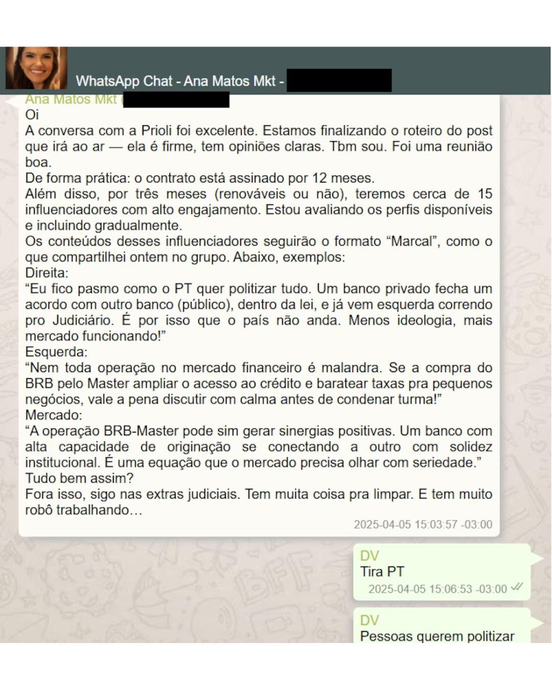 Print de conversa atribuída a Daniel Vorcaro sobre Gabriela Prioli e o Banco Master