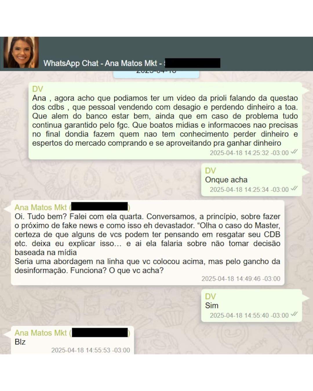 Print de conversa atribuída a Daniel Vorcaro sobre Gabriela Prioli e o Banco Master