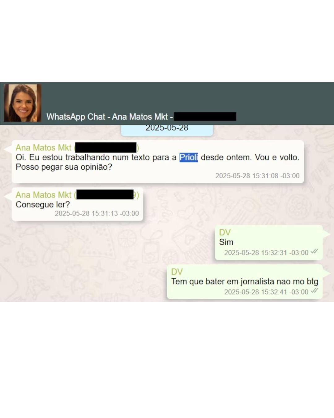 Print de conversa atribuída a Daniel Vorcaro sobre Gabriela Prioli e o Banco Master