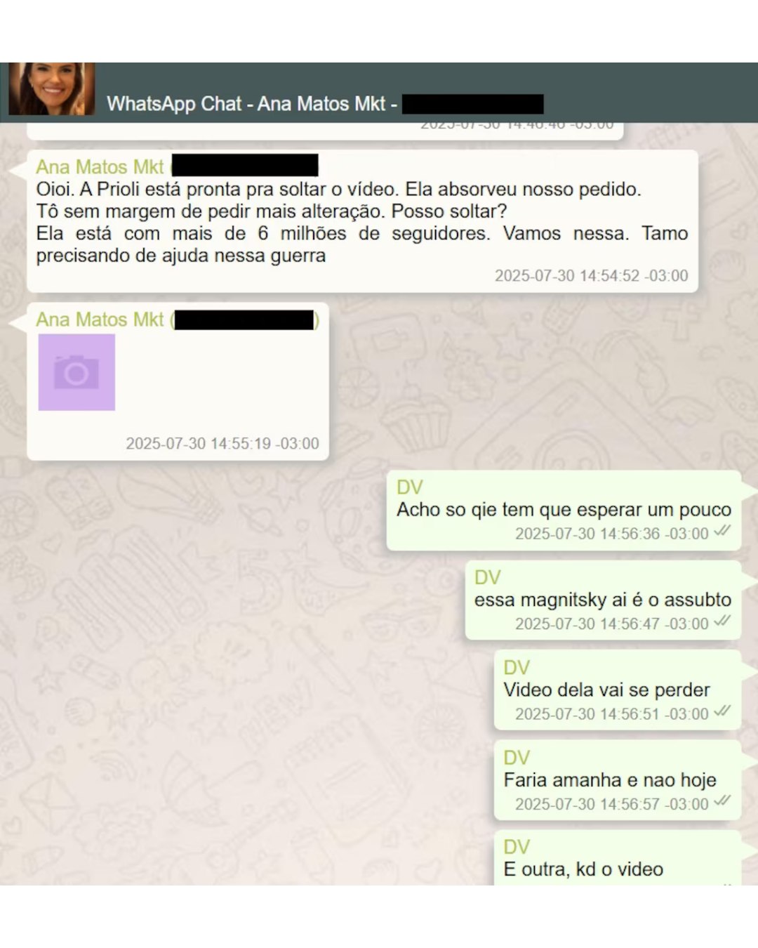Print de conversa atribuída a Daniel Vorcaro sobre Gabriela Prioli e o Banco Master