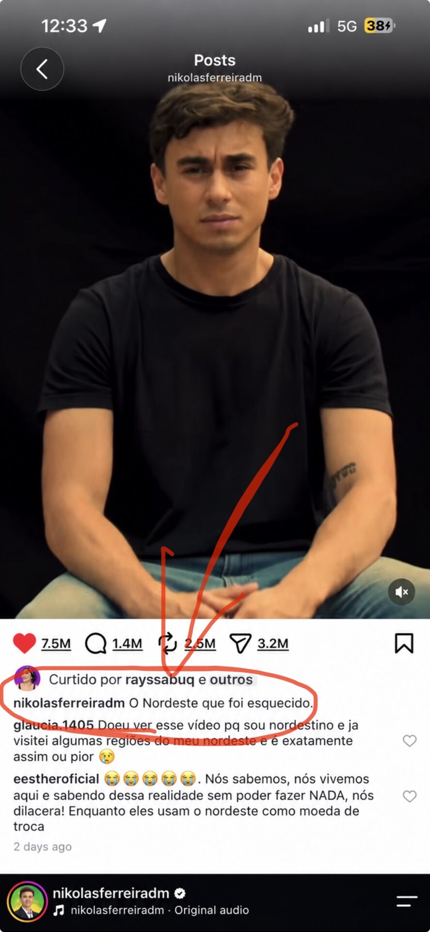 Print que circula nas redes sociais com a frase Curtido por rayssabuq e outros no vídeo de Nikolas Ferreira, no episódio Rayssa Buq Nikolas Ferreira