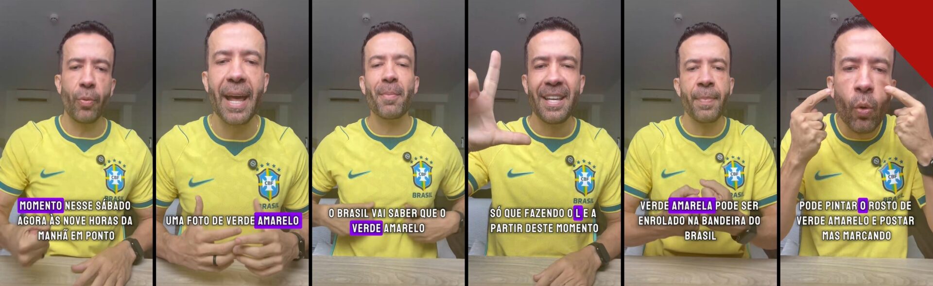Sequência de quadros do vídeo de André Janones de verde e amarelo convocando foto coletiva fazendo o L