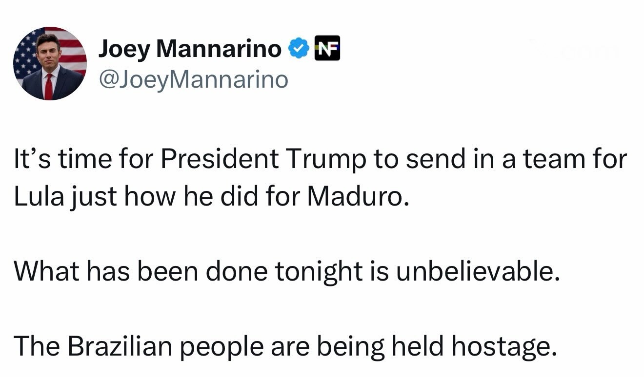 Print do post de Joey Mannarino no X pedindo ação de Trump e dizendo que o povo brasileiro está refém
