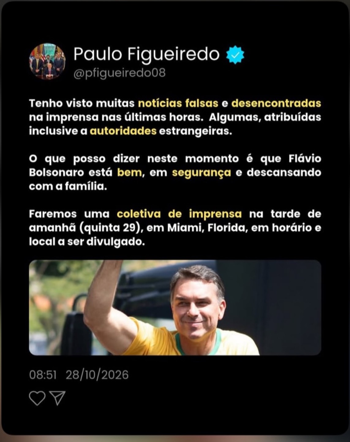 Publicação de Paulo Figueiredo no X anunciando a coletiva de Flávio Bolsonaro em Miami