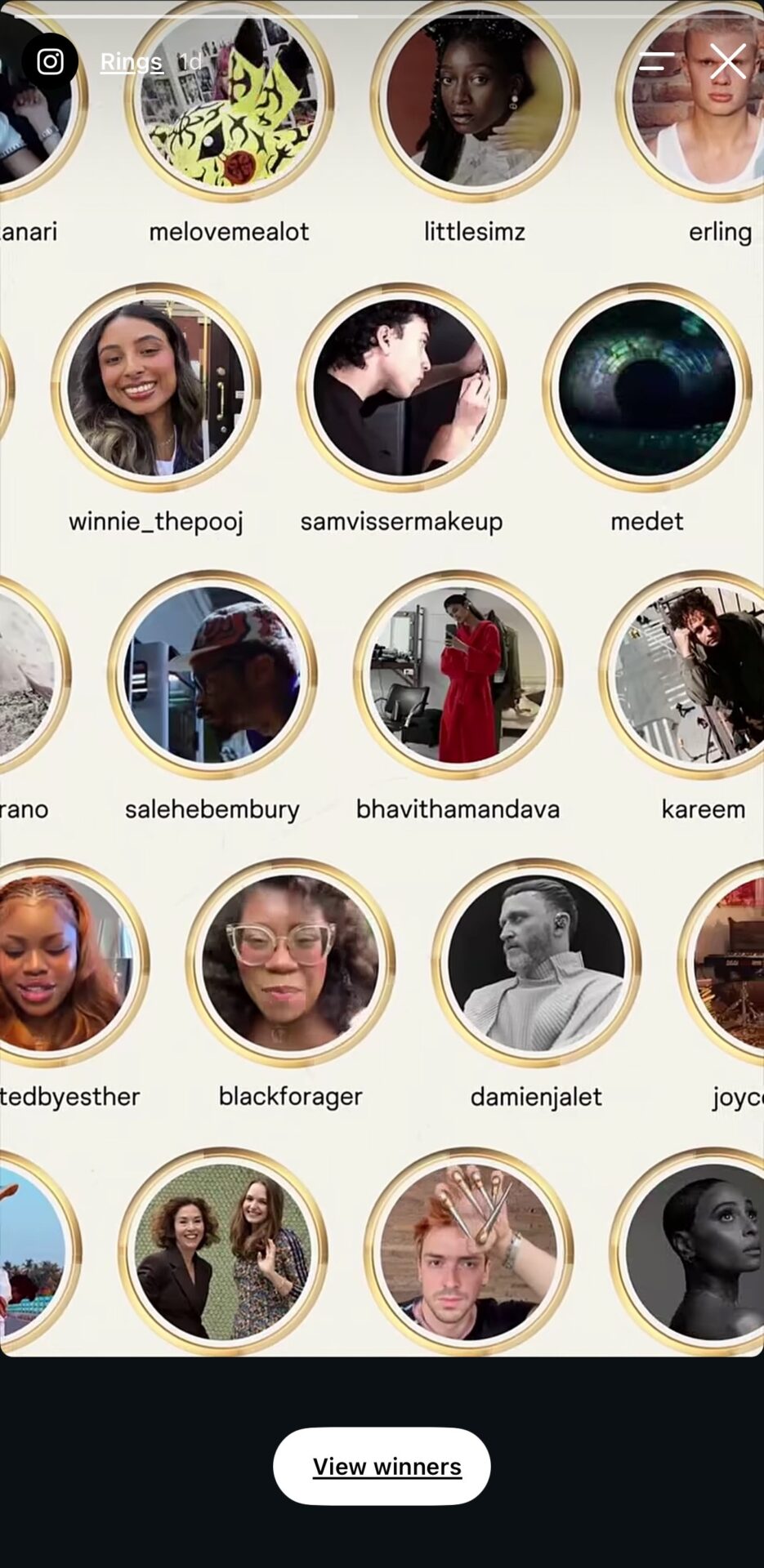 Criadores vencedores do Instagram Rings 2026 dentro de anéis dourados no Instagram
