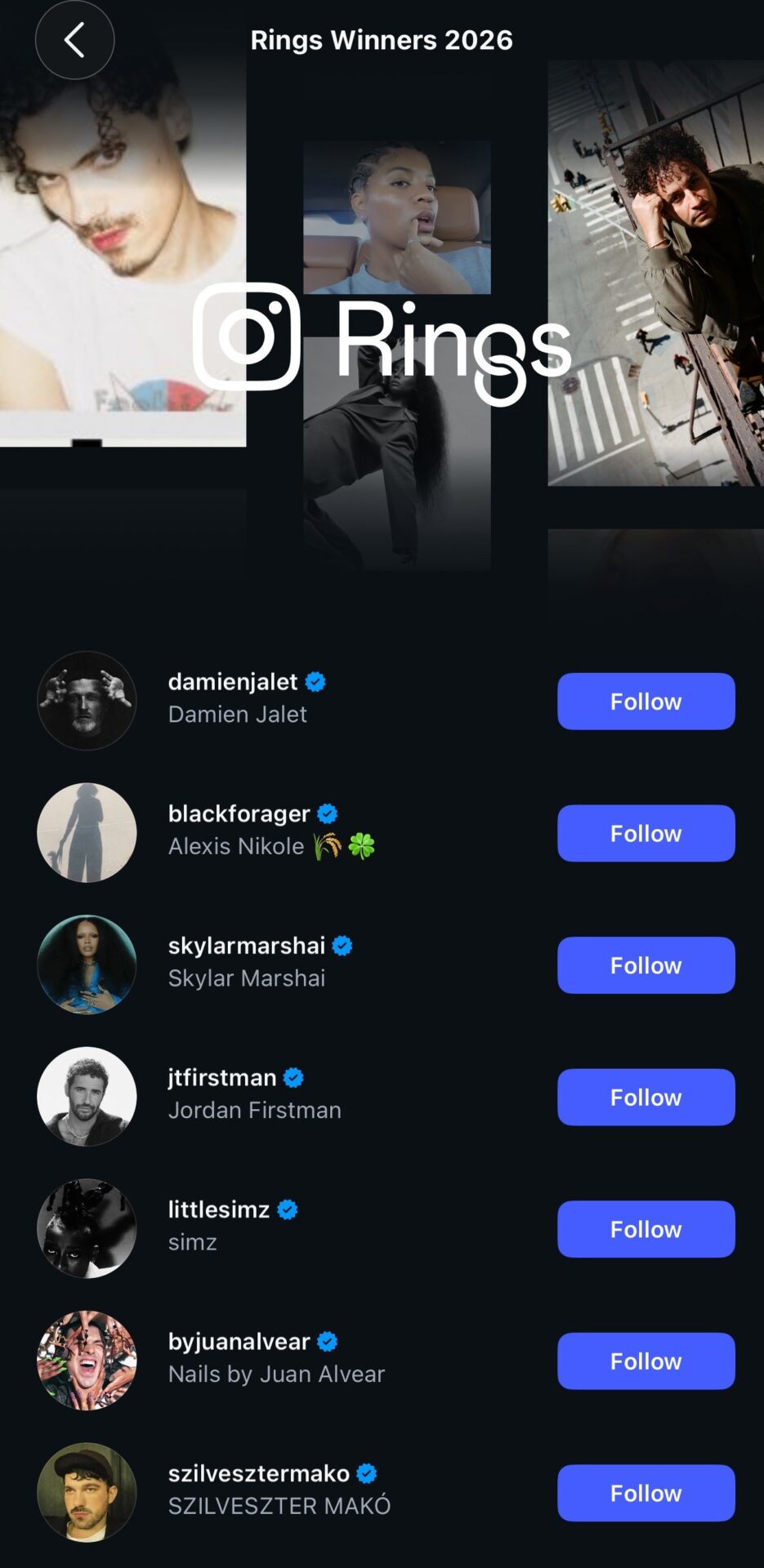 Lista oficial dos vencedores do Instagram Rings 2026 divulgada nos stories do prêmio