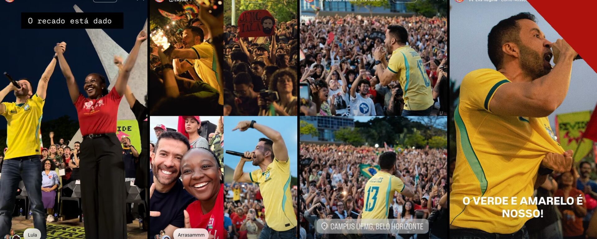 Janones de camisa amarela da seleção em ato com apoiadores de Lula, com a frase o verde e amarelo é nosso