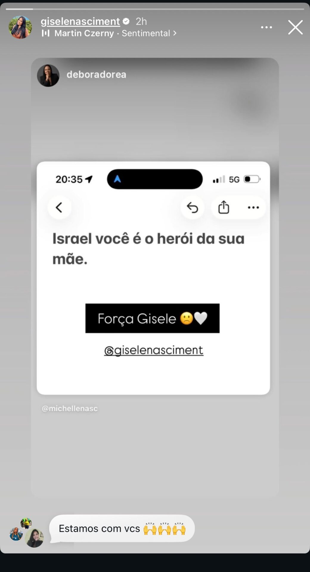 Story de Gisele Nascimento compartilhando a publicação que chama Israel de herói da sua mãe