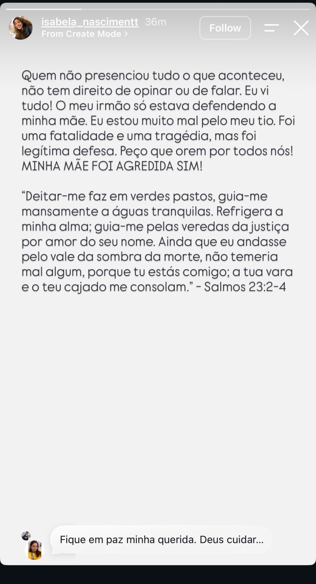 Story de Isabela Nascimento defendendo o irmão Israel e afirmando que a mãe, Gisele Nascimento, foi agredida